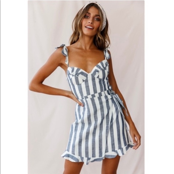 saints + secrets Dresses & Skirts - Saints + Secrets Stripes Denim Sweetheart Faux Wrap Dress Blue White Ruffle Mini